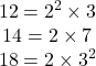 \[\begin{array}{c}12 = 2^2 \times 3\\14 = 2 \times 7\\18 = 2 \times 3^2\\\end{array}\]