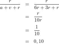 \[\begin{array}{rcl}\dfrac{r}{a+v+r}& = & \dfrac{r}{6r+3r+r}\\[1em]& = & \dfrac{r}{10r}\\[1em]& = & \dfrac{1}{10}\\[1em]& = & 0,10\end{array}\]