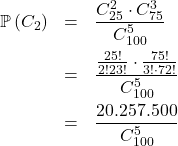 \[\begin{array}{rcl}\mathbb{P}\left(C_2\right) & = & \dfrac{C_{25}^2 \cdot C_{75}^3}{C_{100}^5}\\[1em]& = & \dfrac{\frac{25!}{2!23!}\cdot\frac{75!}{3!\cdot72!}}{C_{100}^5}\\[1em]& = & \dfrac{20.257.500}{C_{100}^5}\\[1em]\end{array}\]