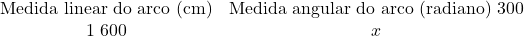 \[\begin{array}{cc} \text{Medida linear do arco (cm)} & \text{Medida angular do arco (radiano)}\ 300 & 1\ 600 & x \end{array}\]