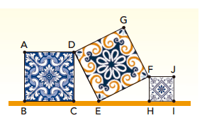 Mostruário com três azulejos quadrados ABCD, DEFG e FHIJ apoiados sobre uma reta